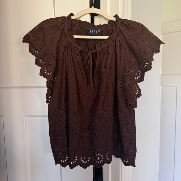 GAP Tops - Gap Brown Eyelet Ruffle V Neck Tassel Blouse Short Sleeve